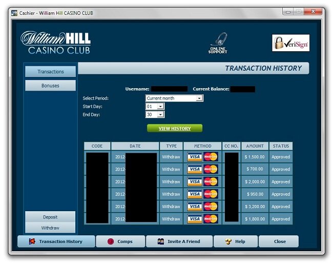 Transaction history screenshot of my casino account