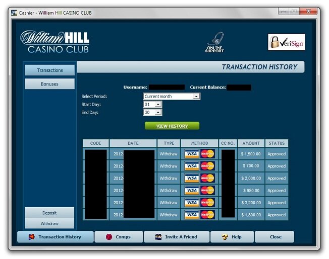 Transaction history screenshot of my casino account